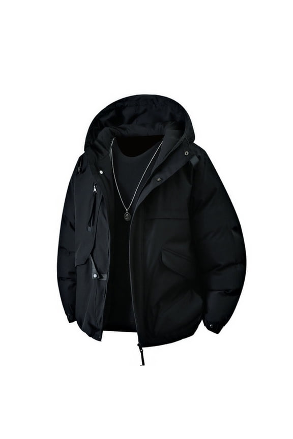Men's Hooded Puffer Jacket Full-Zip Multi-Pocket Quilted Warm Stylish Outerwear for Daily & Outdoor Black XXL