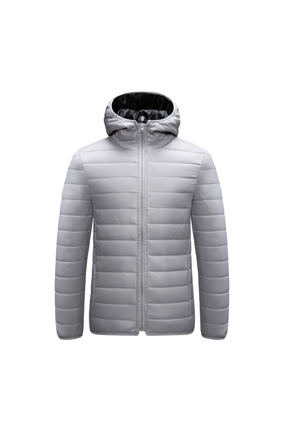 Men's Hooded Puffer Jacket Full-Zip Quilted Detail Slim- Warm Outerwear for Daily & Casual Gray XXL