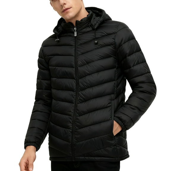 Mrmaere Men's Hooded Puffer Jacket Quilted Adjustable Hood Warm Outerwear for Daily & Cold-Weather Wear Black L