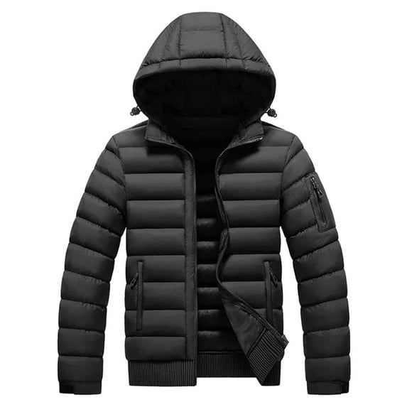 Mrmaere Men's Hooded Puffer Jacket Quilted Ribbed Hem Warm Outerwear for Daily & Cold-Weather Wear Black L