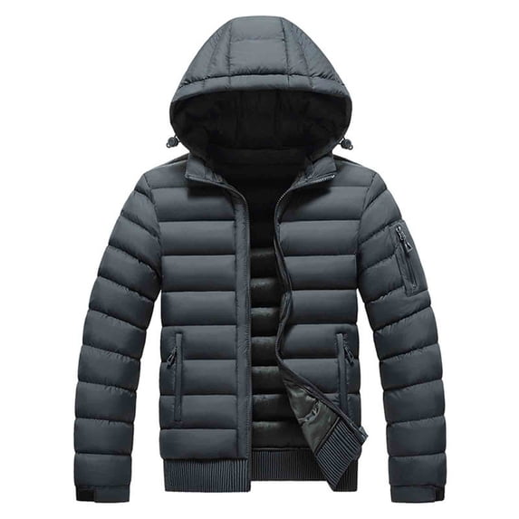 Mrmaere Men's Hooded Puffer Jacket Quilted Ribbed Hem Warm Outerwear for Daily & Cold-Weather Wear Gray XL