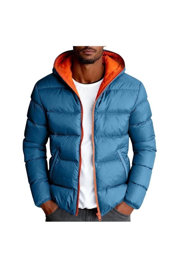 Men's Hooded Puffer Jacket Quilted Warm Insulated Coat for Winter Outdoor & Casual Wear Blue XXL