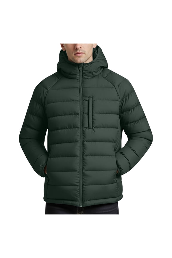 Men's Hooded Quilted Puffer Jacket Zippered Pocket Warm Insulated Coat for Winter Casual & Outdoor Wear Army Green L
