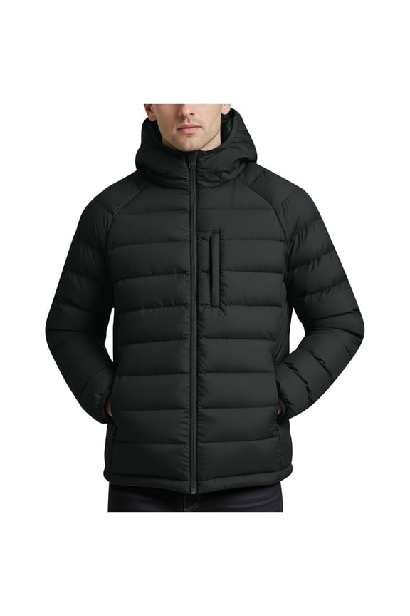 Men's Hooded Quilted Puffer Jacket Zippered Pocket Warm Insulated Coat for Winter Casual & Outdoor Wear Black S