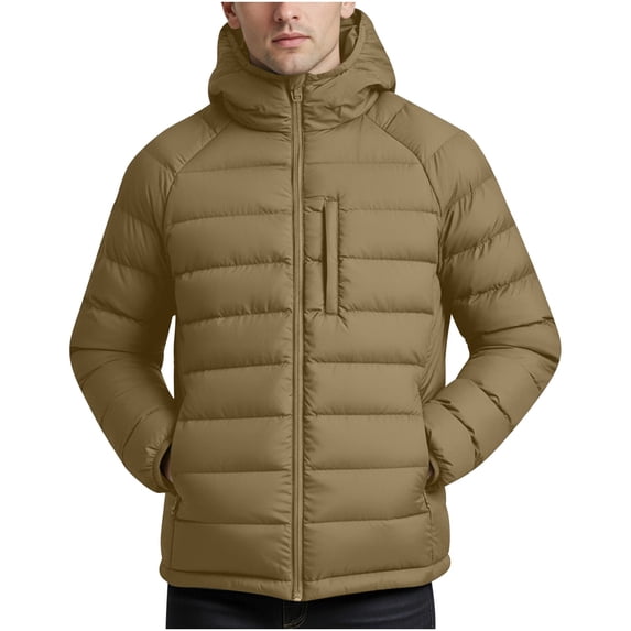 Mrmaere Men's Hooded Quilted Puffer Jacket Zippered Pocket Warm Insulated Coat for Winter Casual & Outdoor Wear Khaki L