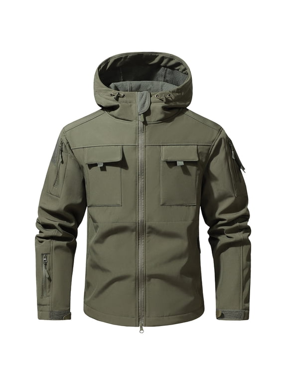 Men's Hooded Softshell Jacket Multi-Pocket Windproof Coat for Outdoor Hiking & Winter Adventures Army Green L