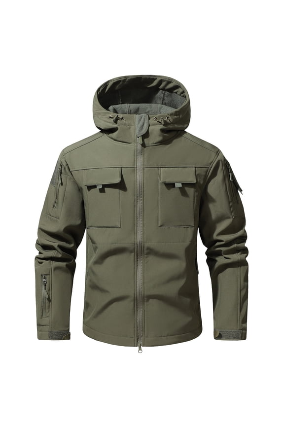 Men's Hooded Softshell Jacket Multi-Pocket Windproof Coat for Outdoor Hiking & Winter Adventures Army Green L