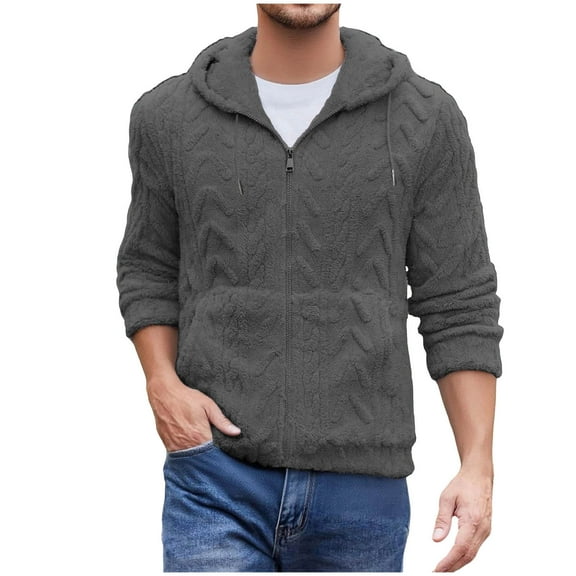 Mrmaere Men's Hooded Zip-Up Jacket Textured Fleece Soft Warm Outerwear for Daily & Leisure Wear Dark Gray XXL