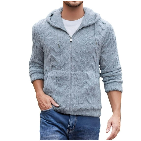 Mrmaere Men's Hooded Zip-Up Jacket Textured Fleece Soft Warm Outerwear for Daily & Leisure Wear Light Blue S
