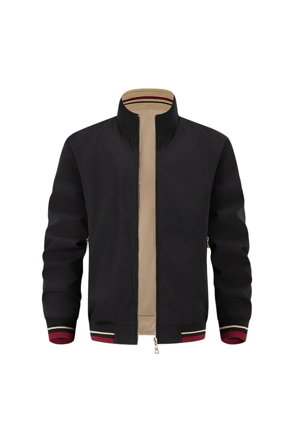Men's Jacket Contrast Full-Zip Classic Stylish Outerwear for Daily & Casual Black XXL