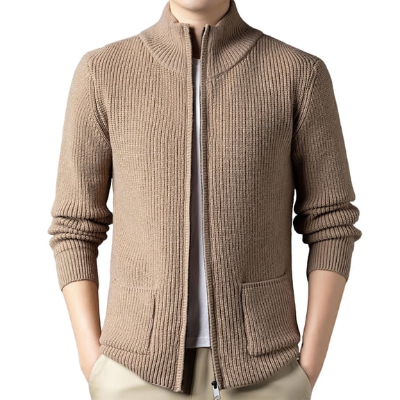 Mrmaere Men's Knit Jacket Full-Zip Stand Collar Soft Warm Outerwear for Daily & Casual Khaki XL