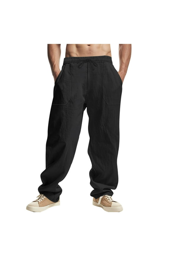 Men’s Lantern Drawstring Casual Pants Long Leg Roomy Fit Soft Fabric Wear for Daily Errands Home Lounging Black XXL