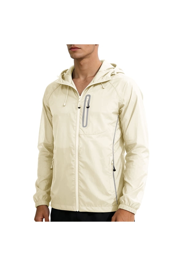 Men's Lightweight UPF 50+ Sun Protection Hooded Jacket Full Zip Long Sleeve Outdoor Travel Coat White L