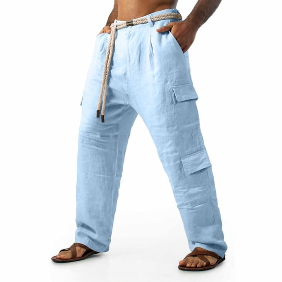 Mrmaere Men's Linen Cargo Pants Rope Belt Multi Pocket Loose Breathable Fabric Comfortable Casual Daily Outdoor Beach Outfits Light Blue M
