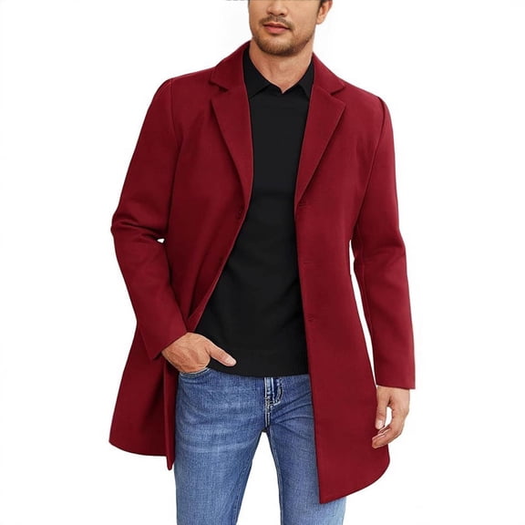 Mrmaere Men's Long Coat Lapel Collar Comfortable Outerwear for Daily & Casual Red L