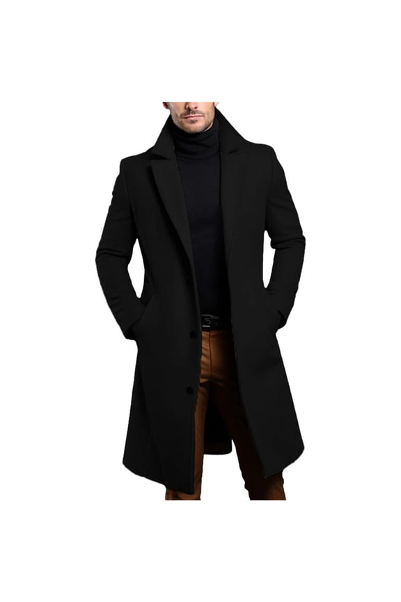 Men's Long Coat Wide-Lapel-Button Warm Stylish Outerwear for Formal & Daily Black L