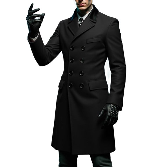 Mrmaere Men's Long Peacoat Double-Breasted Contrast Lapel Stylish Outerwear for Formal & Edgy Black XL