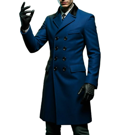 Mrmaere Men's Long Peacoat Double-Breasted Contrast Lapel Stylish Outerwear for Formal & Edgy Blue L