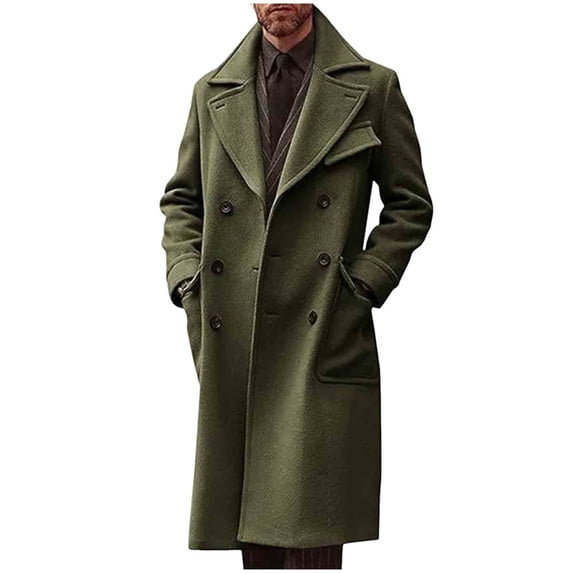 Mrmaere Men's Long Peacoat Double-Breasted Wide-Lapel Warm Stylish Outerwear for Daily & Formal Army Green XL