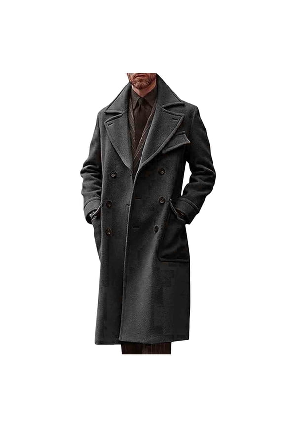 Men's Long Peacoat Double-Breasted Wide-Lapel Warm Stylish Outerwear for Daily & Formal Black L