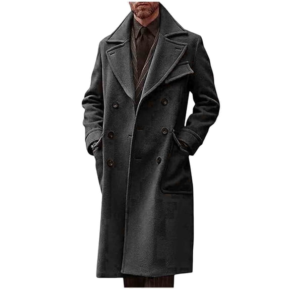 Mrmaere Men's Long Peacoat Double-Breasted Wide-Lapel Warm Stylish Outerwear for Daily & Formal Black XXL
