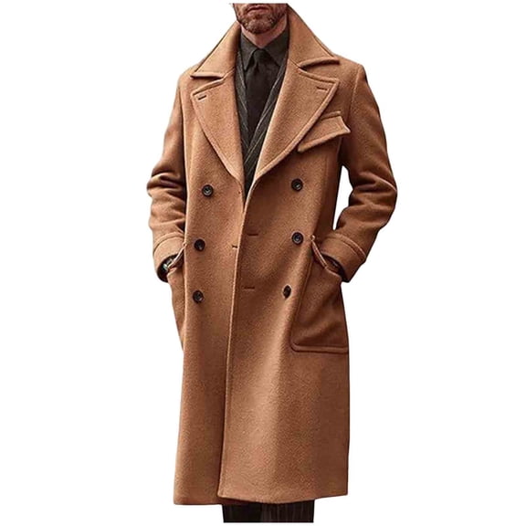 Mrmaere Men's Long Peacoat Double-Breasted Wide-Lapel Warm Stylish Outerwear for Daily & Formal Brown M