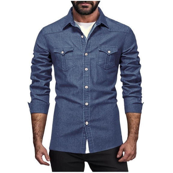 Mrmaere Men's Long Sleeve Denim Shirt Chest Pocket Design Breathable Fabric Casual Daily Office Shirt Blue S