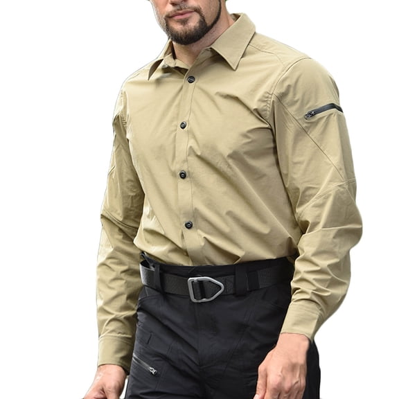 Mrmaere Men's Long Sleeve Dress Shirt Button Closure Durable Fabric Breathable Design Outdoor Casual Daily Errands Khaki XXXL