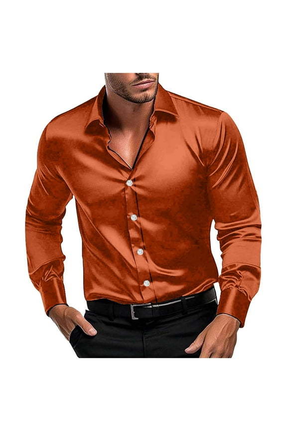 Men's Long Sleeve Dress Shirt Glossy Texture Classic Collar Stylish Design Evening Outings Casual Gatherings Special Occasions Bronze XXL