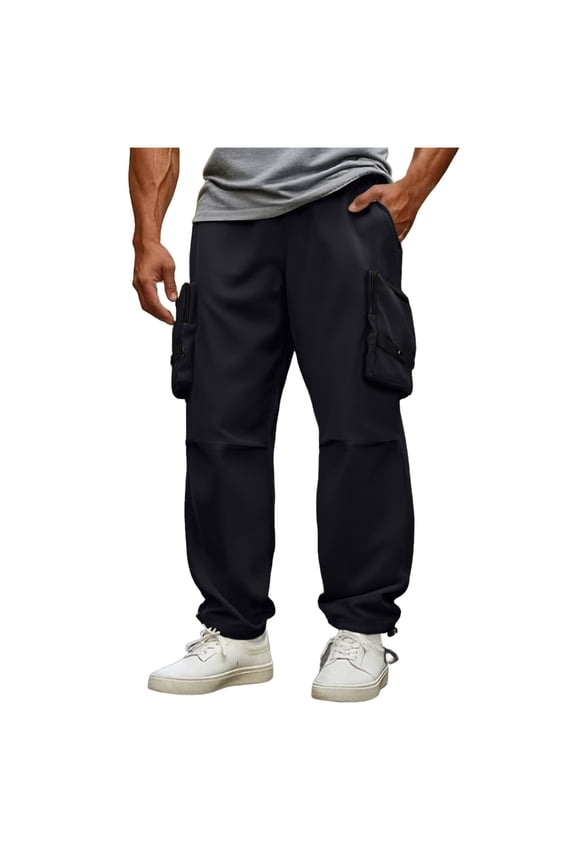 Men's Loose Cargo Jogger Pants Drawstring Waist Multi Zipper Pockets Soft Fabric Casual Daily Streetwear Outdoor Errands Black XL