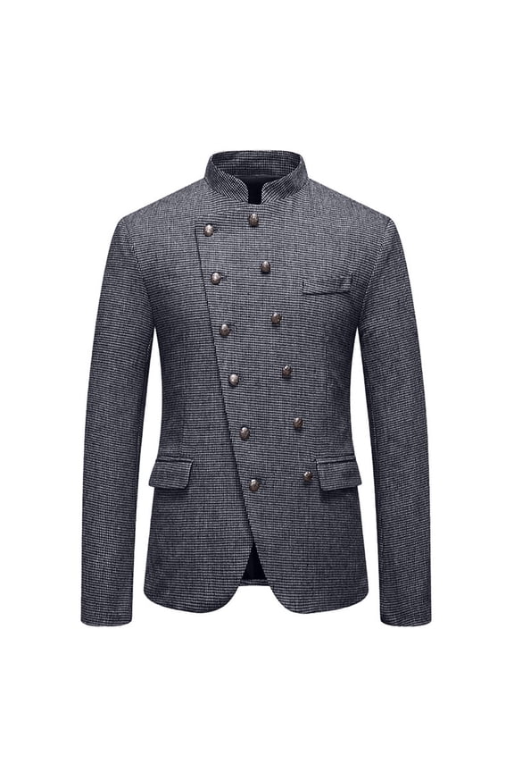 Men's Mandarin Collar Blazer Jacket Houndstooth Double-Button Stylish Outerwear for Formal & Semi-Formal White L