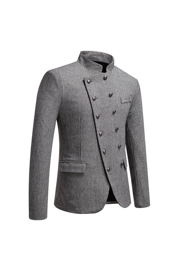 Men's Mandarin Collar Blazer Jacket Houndstooth Double-Button Stylish Outerwear for Formal & Semi-Formal White XXXL