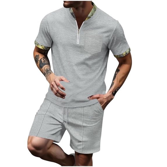 Mrmaere Men's Mock Neck Scrub Set Short Sleeve Pants 2 Piece Zipper Closure Stretchy for Medical Work Gray XL
