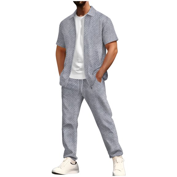 Mrmaere Men's Mock Neck Shirt and Pants Set Short Sleeve 2 Piece Zipper Closure Trendy for Street Daily Gray S