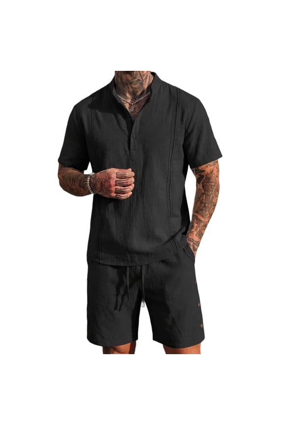 Men's Mock Neck Shirt and Shorts Set Short Sleeve 2 Piece Zipper Closure Dry for Gym Training Black XL