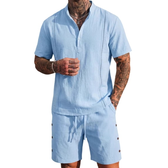 Mrmaere Men's Mock Neck Shirt and Shorts Set Short Sleeve 2 Piece Zipper Closure Dry for Gym Training Sky Blue XXXL