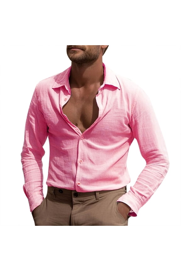 Men's Modern V-Neck Shirt Partial Button Layout Smooth Fabric Trendy Style Weekend Outings Casual Meetups Daily Looks Pink L