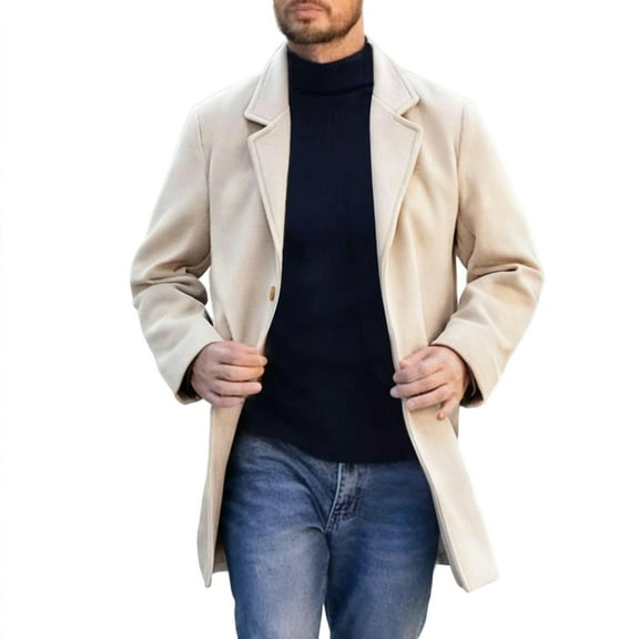 Mrmaere Men's Notched Lapel-Breasted Long Coat Contrast Stylish Warm Outerwear for Daily & Casual Beige XXL