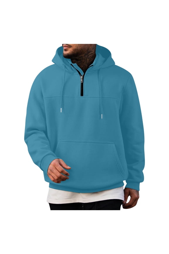 Men's Quarter Zip Hoodie Relaxed Adjustable Drawstring Warm Fleece Sweatshirt for Athleisure Errands Weekend Gatherings Sky Blue L