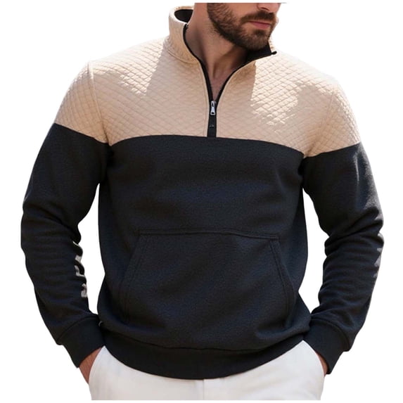 Mrmaere Men's Quarter Zip Mock Neck Sweatshirt Color Block Quilted Panel Warm Fabric Top for Casual Outings Daily Wear Weekend Relaxation Black S