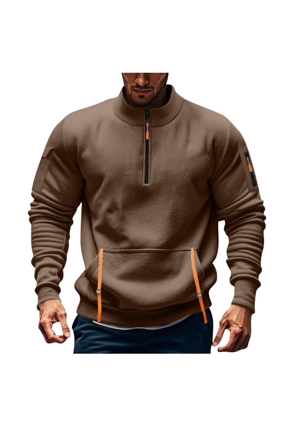 Men's Quarter Zip Mock Neck Sweatshirt Contrast Drawstring Detail Kangaroo Pocket Top for Casual Gatherings Daily Wear Street Style Brown S