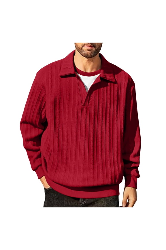 Men's Quarter Zip Pullover Sweatshirt Collared Design Cable Knit Texture Warm Fabric Top for Smart Casual Office Breaks Weekend Relaxation Red L