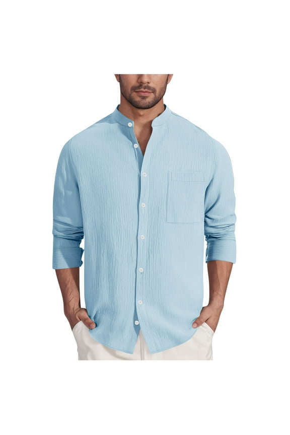 Men's Relaxed Sleeve Half Placket Shirt Roll-Up Cuff Detail Breathable Material Summer Wear Casual Errands Sky Blue S