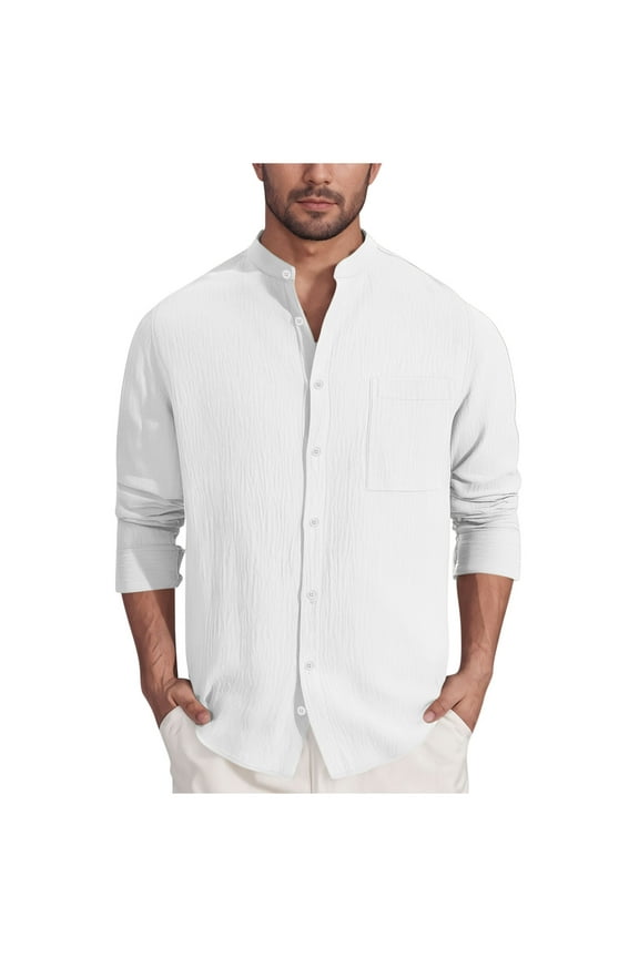 Men's Relaxed Sleeve Half Placket Shirt Roll-Up Cuff Detail Breathable Material Summer Wear Casual Errands White M