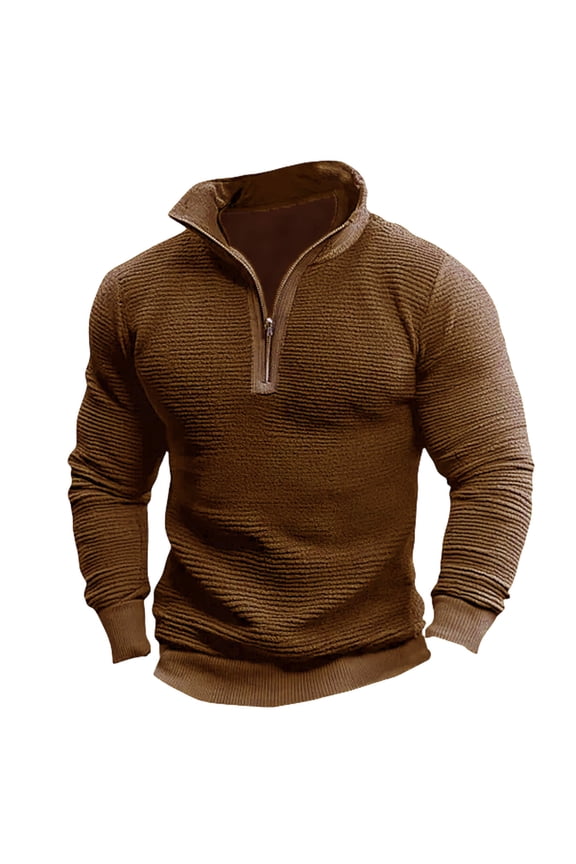 Men's Ribbed Quarter Zip Sweatshirt Textured Fabric Design Mock Neck Top for Casual Workdays Gym Sessions Daily Wear Brown XXL