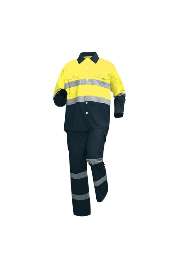 Men’s Safety Work Set Long Sleeve High Visibility Trim Reinforced Stitching Breathable Fabric Practical Design Workwear for Construction Sites Outdoor Maintenance Yellow S