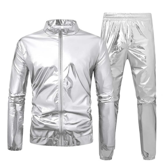 Mrmaere Men’s Shiny Stage Performance Two Piece Set Long Sleeve Full Zip Front Eye Catching Design Soft Fabric Roomy Pockets Wear for Live Shows Performance Events Silver XXL