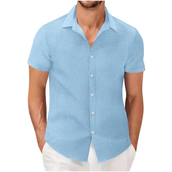 Mrmaere Men's Short Sleeve Button Up Shirt Point Collar Full Placket Smooth Fabric Wrinkle Resistant Business Casual Work Wear Light Blue S