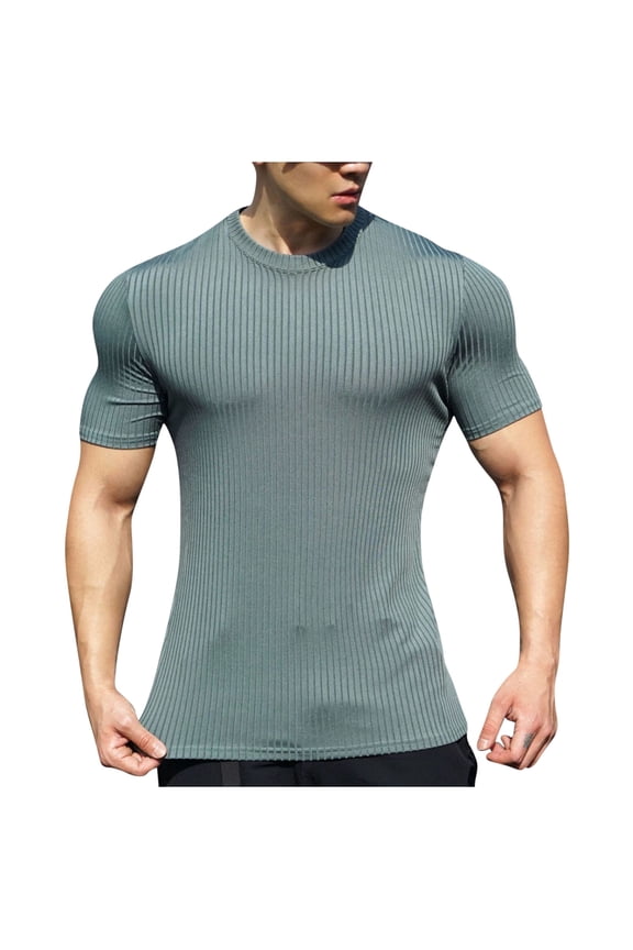 Men's Short Sleeve Compression Crew Neck Tee Form-Fitting Stretchy Fabric Breathable Casual Gym Activity Wear Army Green L