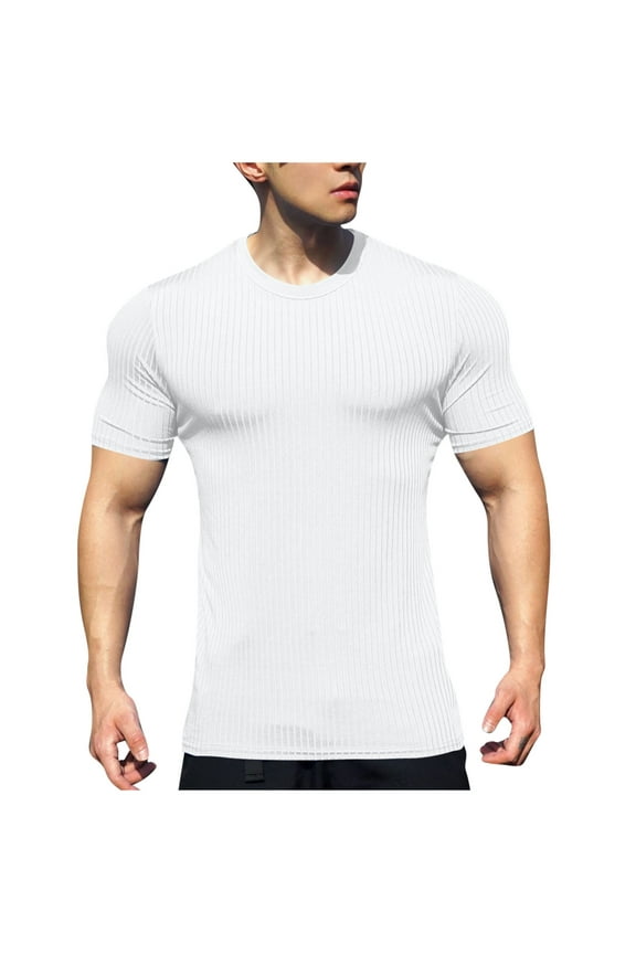 Men's Short Sleeve Compression Crew Neck Tee Form-Fitting Stretchy Fabric Breathable Casual Gym Activity Wear White M